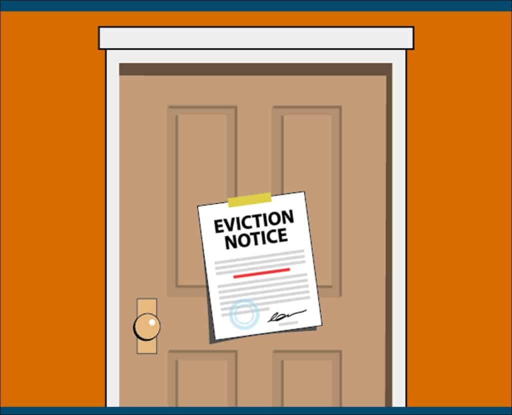 An eviction notice taped to a rental door, on how and when to evict a renter