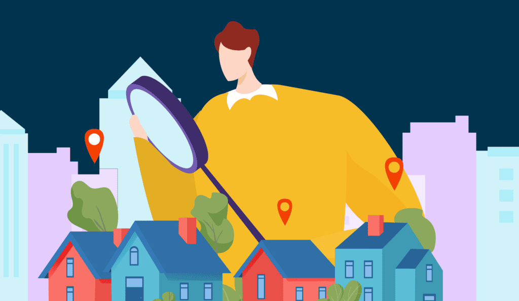 An investor holding a magnifying glass over a neighborhood, on the two types of real estate investors