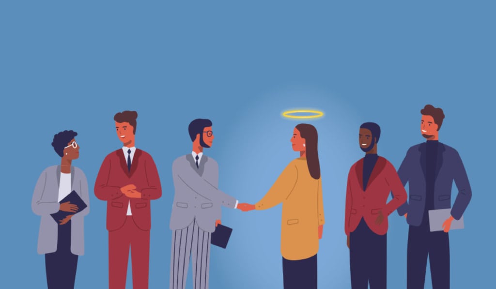 A line of real estate agents with one wearing a halo, on the definition of a professional Realtor