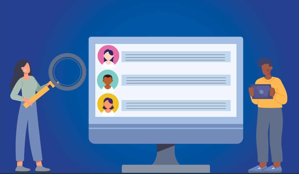 Tenant applications on a screen reviewed with a magnifying glass, on screening tenants for your rental
