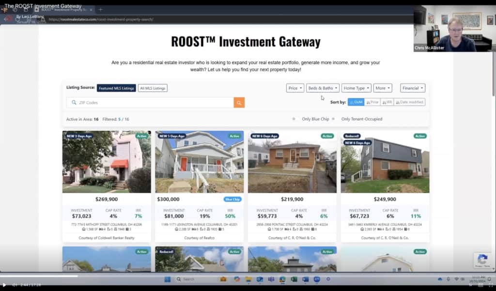 The ROOST Investment Gateway on screen, listing rental properties with cap rate and cash-on-cash return figures