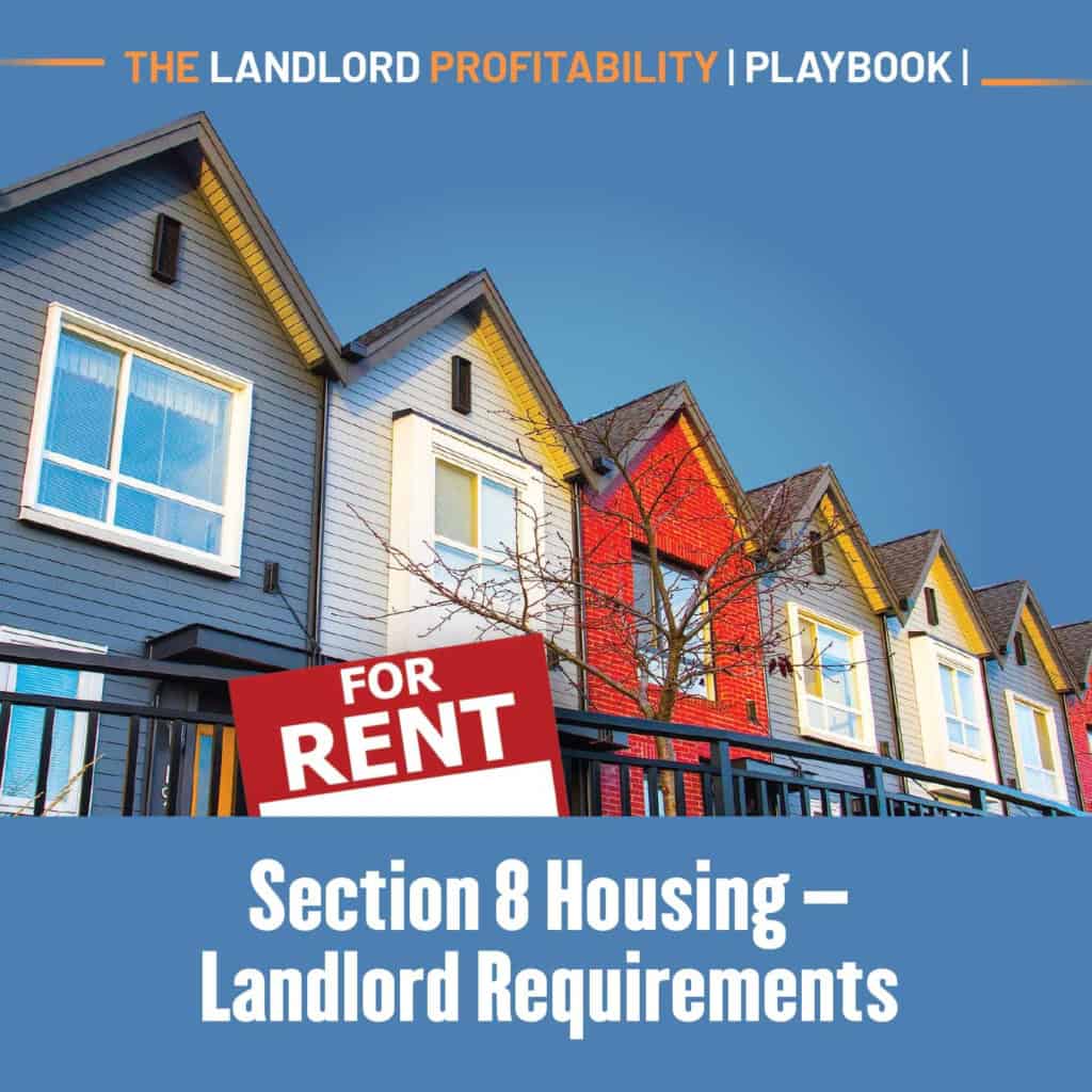 A row of colorful rental houses with a For Rent sign, for Section 8 housing landlord requirements