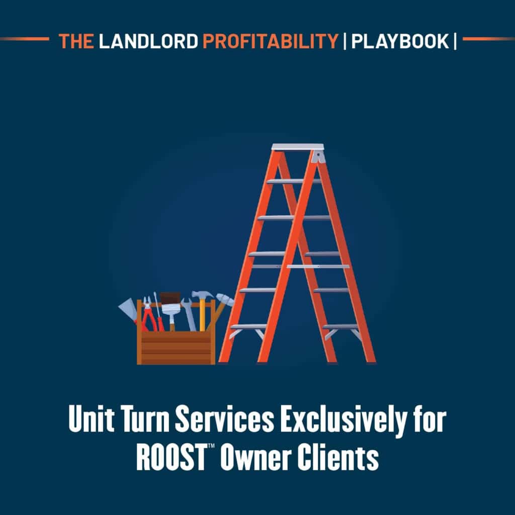 A stepladder and toolbox for ROOST unit turn services, exclusively for rental property owner clients